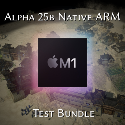  Alpha 25B native arm test bundle. Apple M1 logo in the middle, chinese civilization in the background.